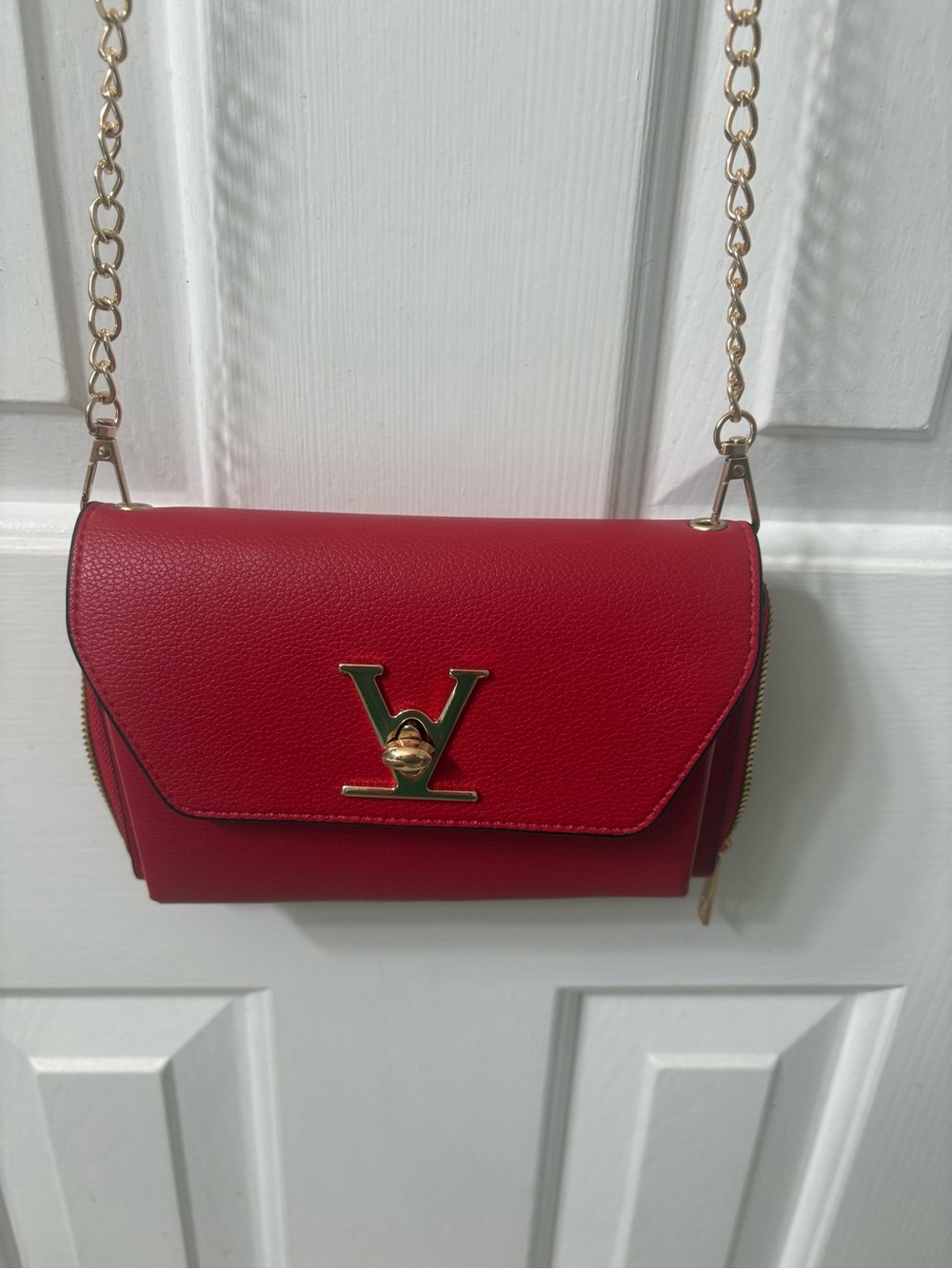Compact Red Crossbody Bag with Gold Accent Hardware - Picture 2 of 5